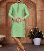 Pista color Self Design jacquard cotton kurta with payjama
