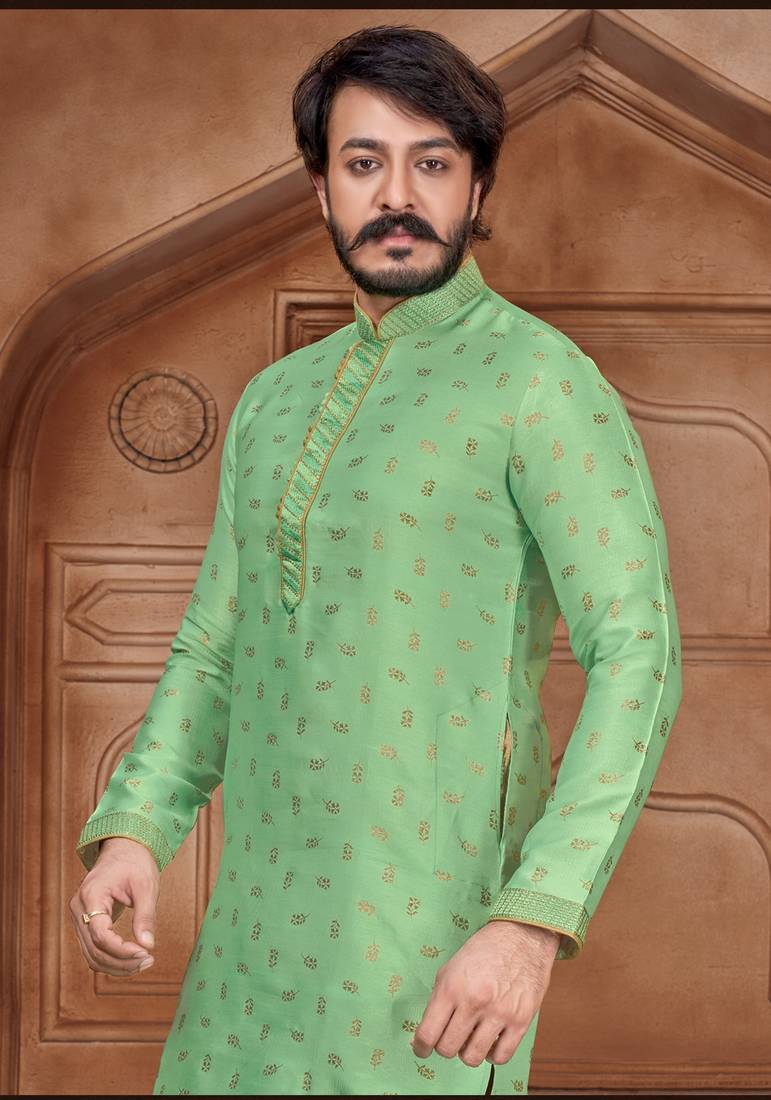 Pista color Self Design jacquard cotton kurta with payjama