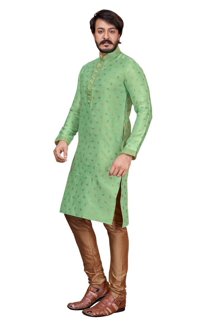 Pista color Self Design jacquard cotton kurta with payjama