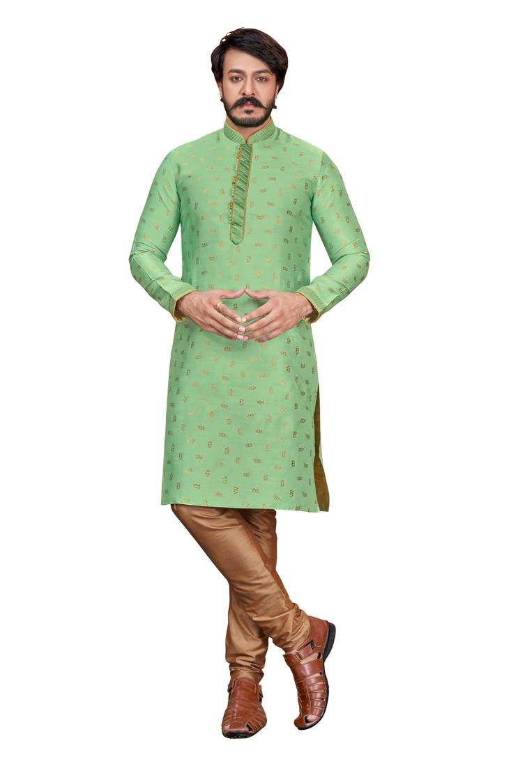 Pista color Self Design jacquard cotton kurta with payjama