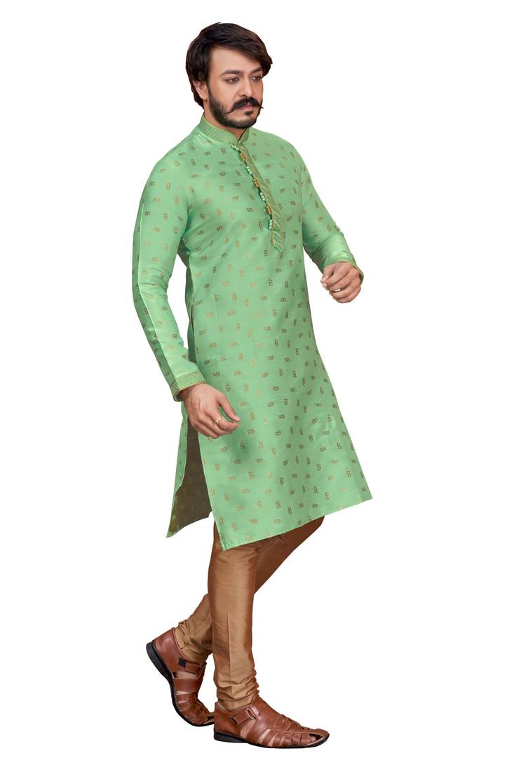 Pista color Self Design jacquard cotton kurta with payjama