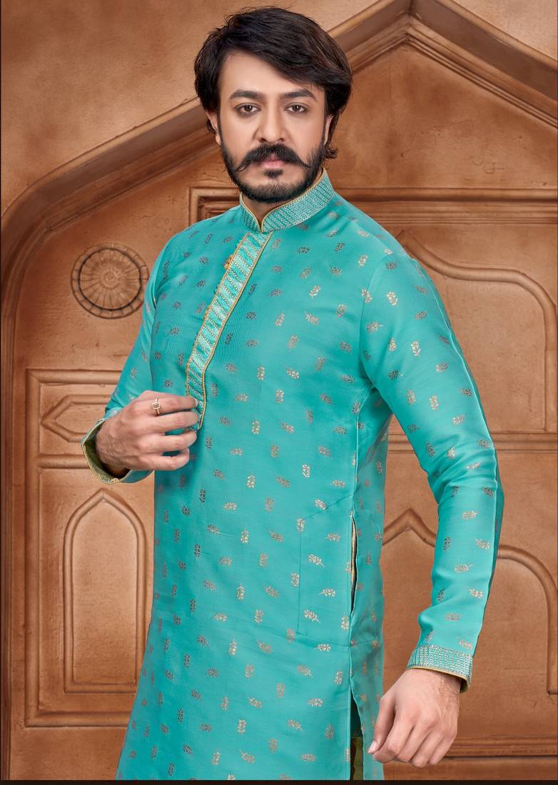 Teal Blue color Self Design jacquard cotton kurta with payjama