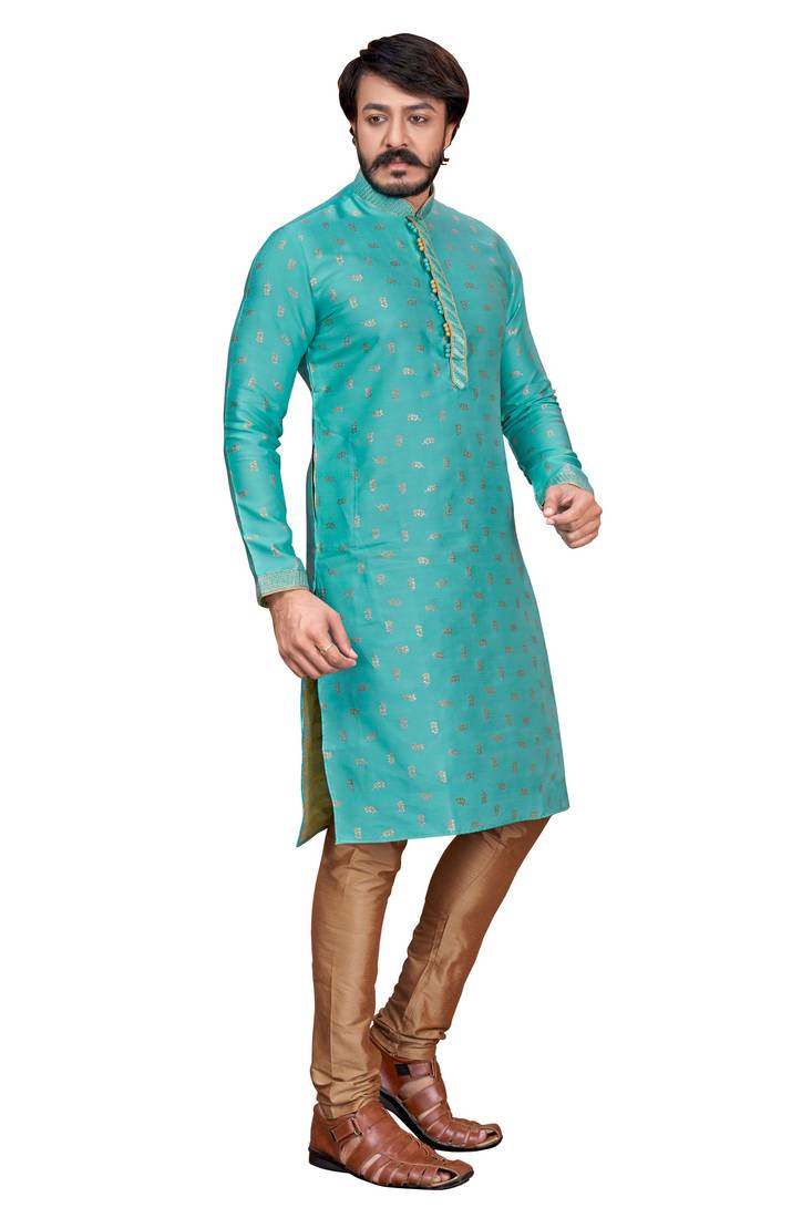 Teal Blue color Self Design jacquard cotton kurta with payjama