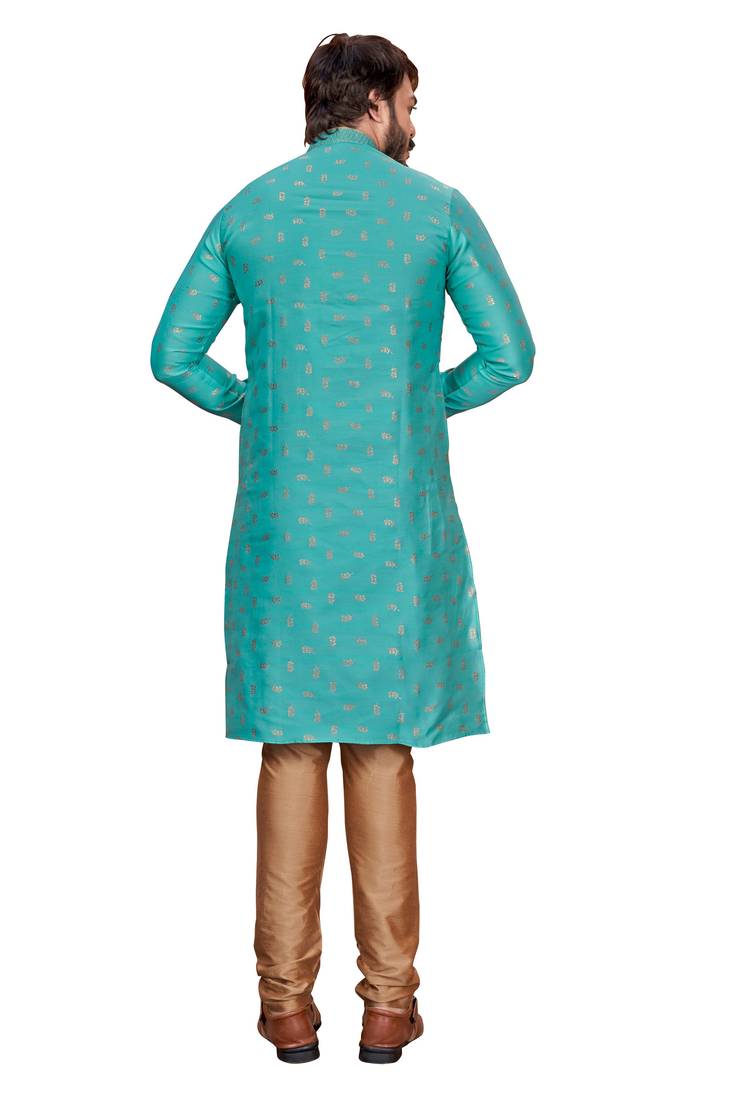 Teal Blue color Self Design jacquard cotton kurta with payjama