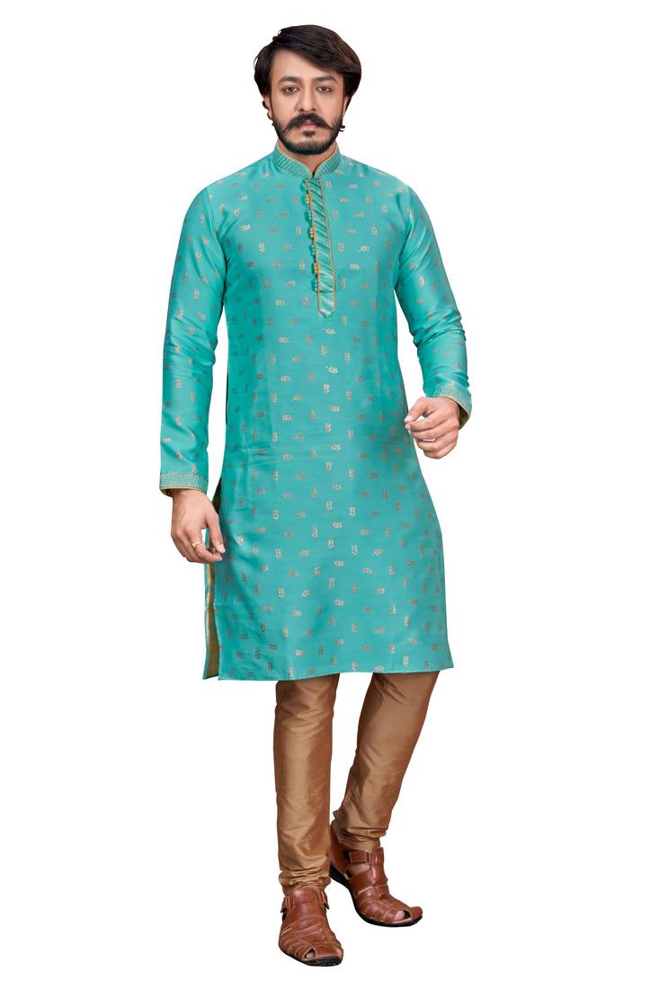 Teal Blue color Self Design jacquard cotton kurta with payjama