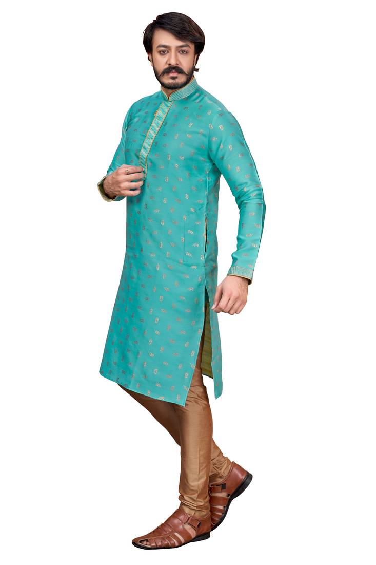 Teal Blue color Self Design jacquard cotton kurta with payjama