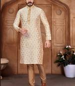 Off White color Self Design jacquard cotton kurta with payjama