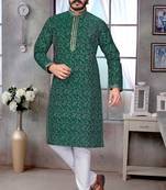 Green color pure silk Printed with Self Design kurta with payjama