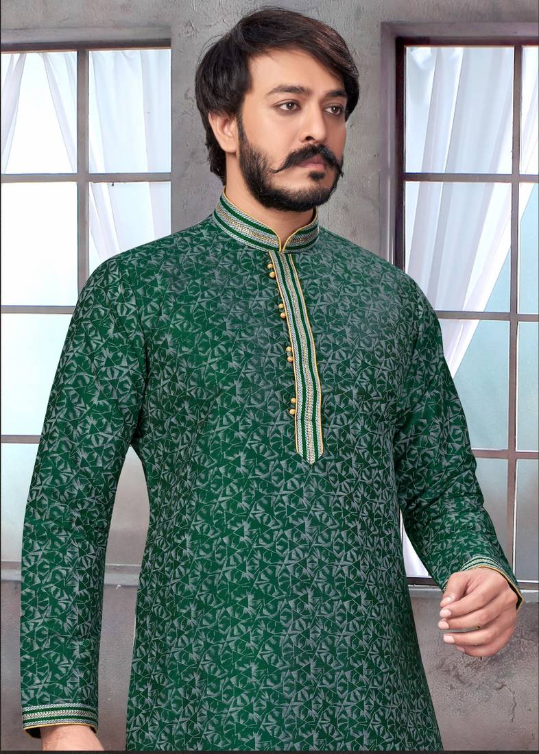 Green color pure silk Printed with Self Design kurta with payjama