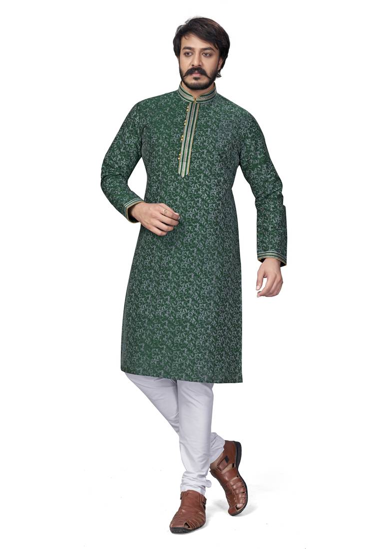Green color pure silk Printed with Self Design kurta with payjama