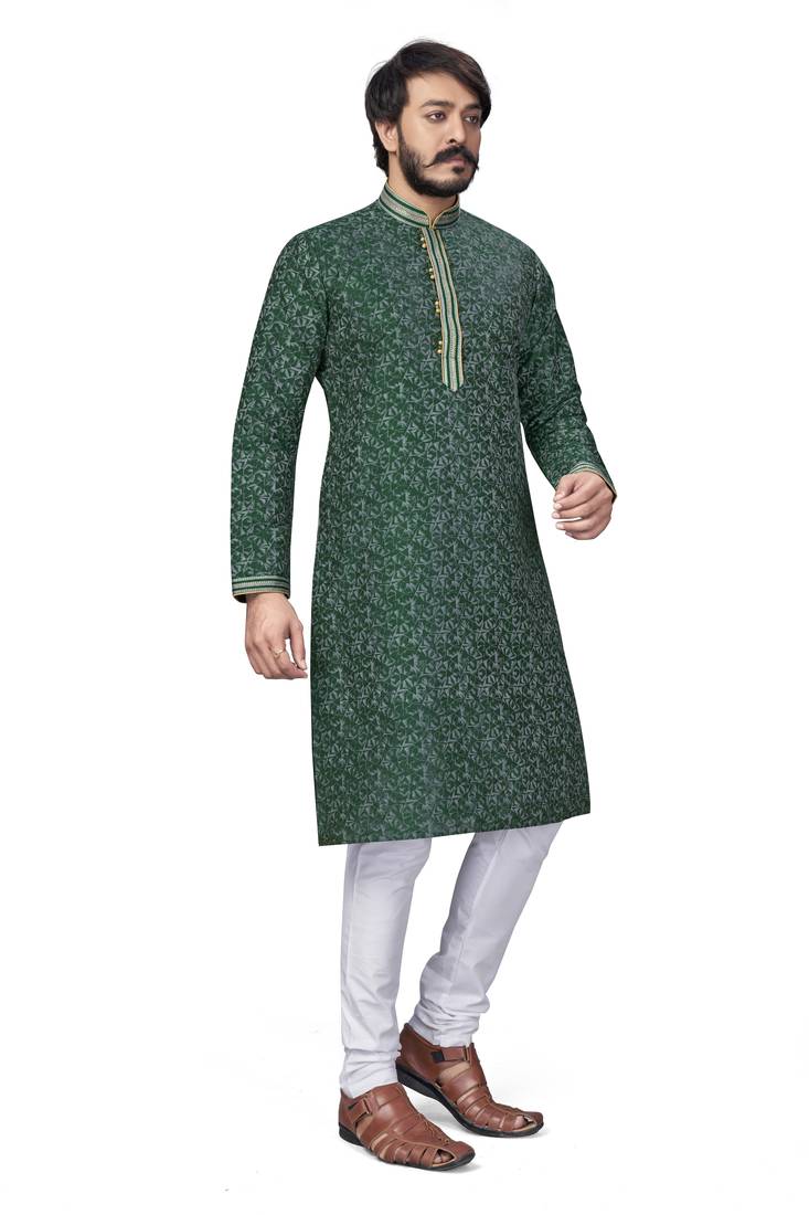 Green color pure silk Printed with Self Design kurta with payjama