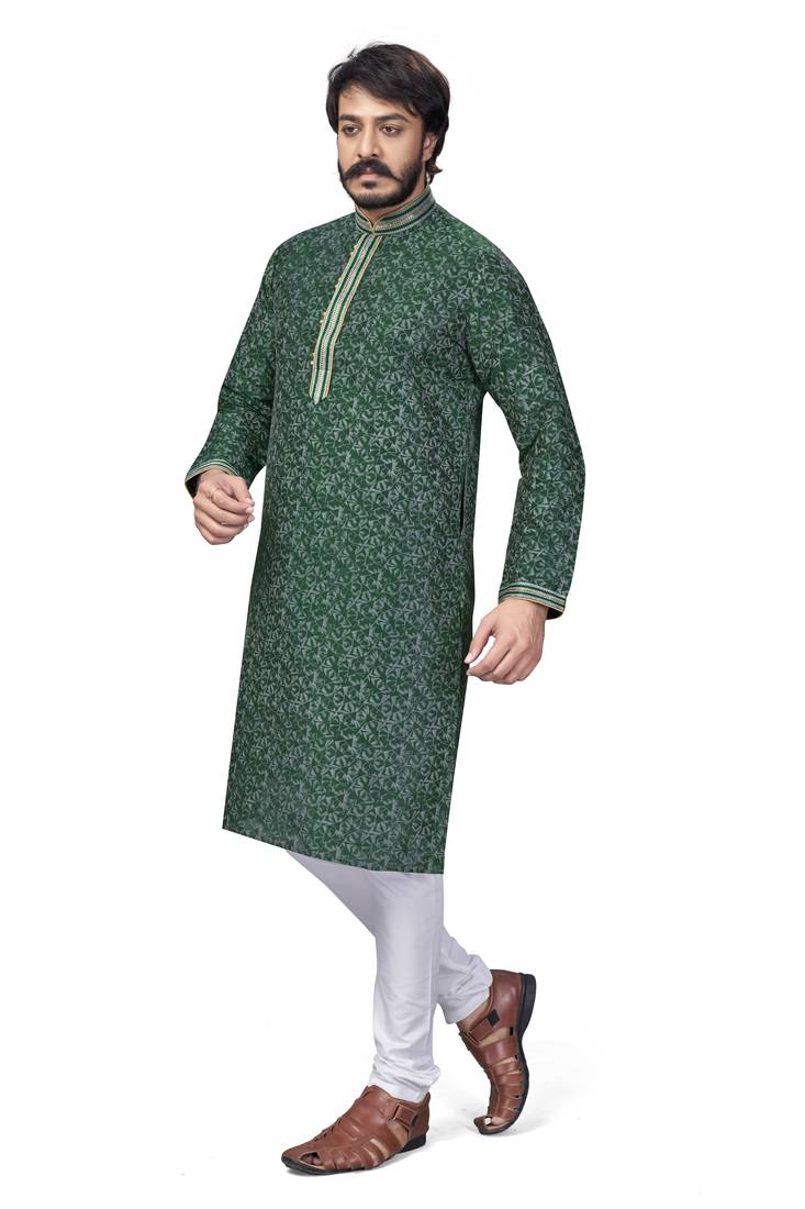 Green color pure silk Printed with Self Design kurta with payjama
