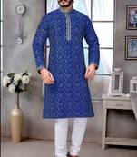 Blue color pure silk Printed with Self Design kurta with payjama