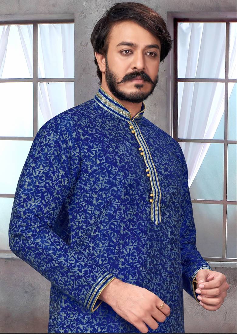 Blue color pure silk Printed with Self Design kurta with payjama