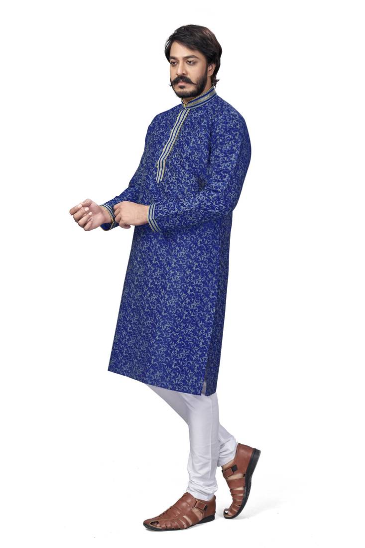 Blue color pure silk Printed with Self Design kurta with payjama