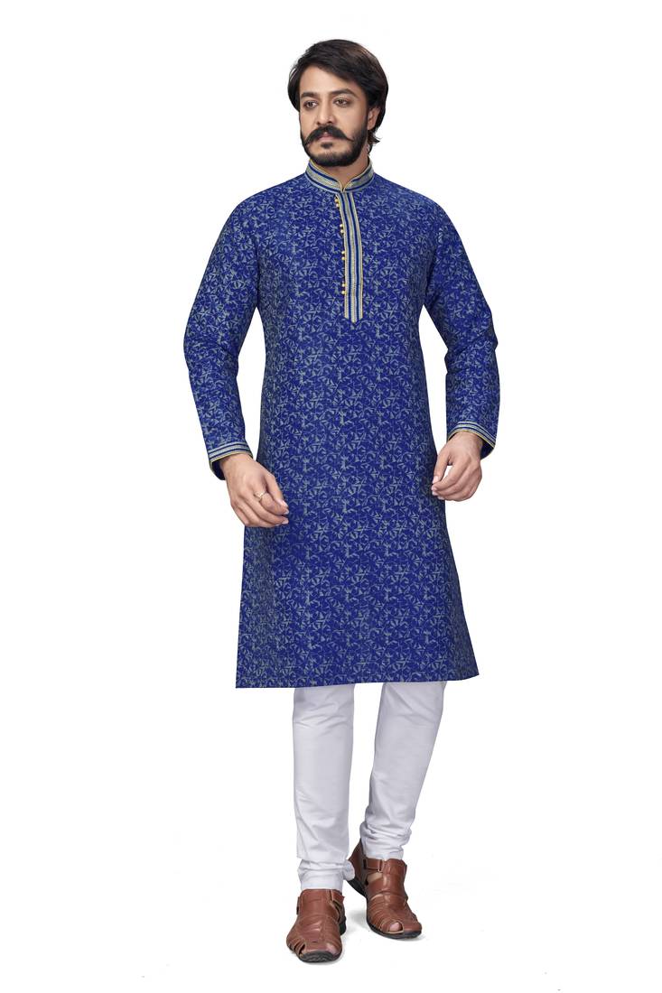 Blue color pure silk Printed with Self Design kurta with payjama