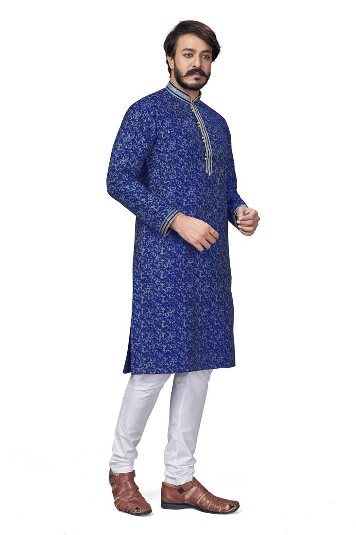 Blue color pure silk Printed with Self Design kurta with payjama