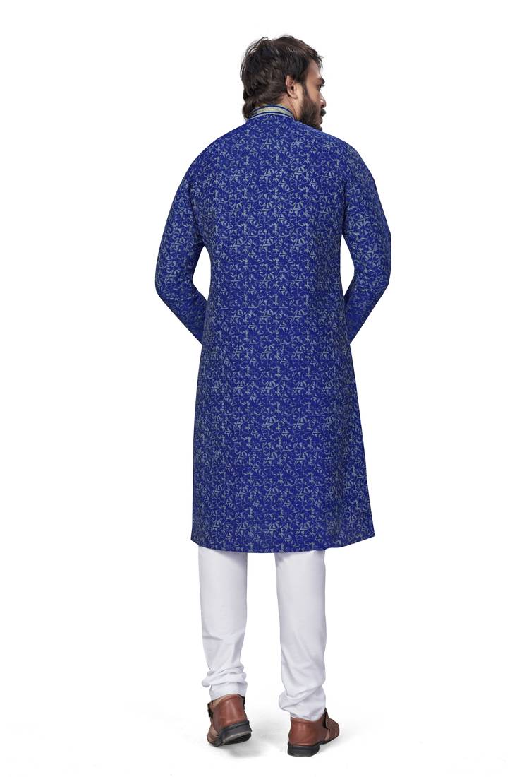 Blue color pure silk Printed with Self Design kurta with payjama