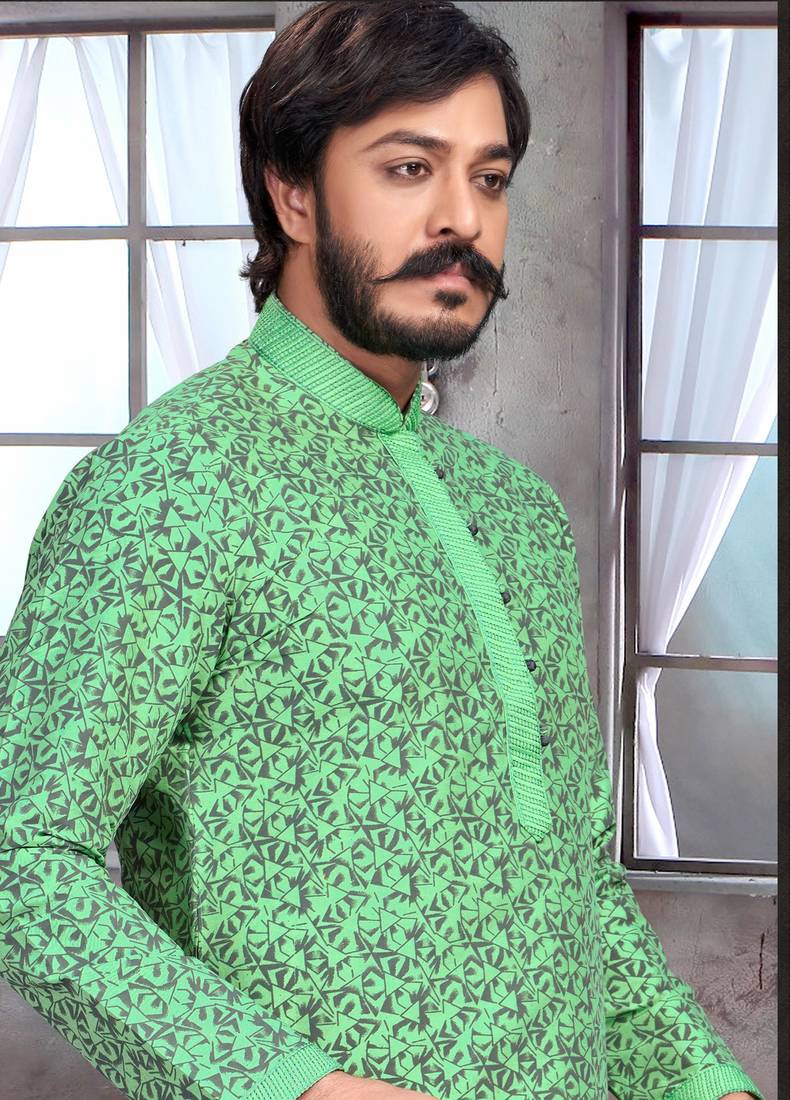 Pista color pure silk Printed with Self Design kurta with payjama