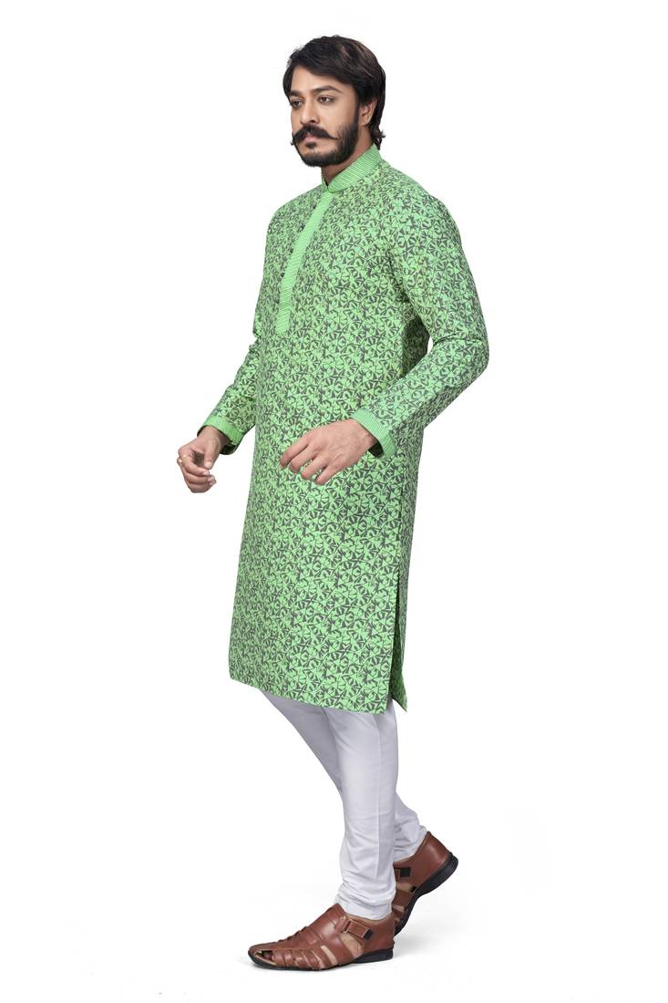 Pista color pure silk Printed with Self Design kurta with payjama