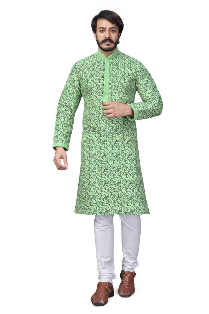 Pista color pure silk Printed with Self Design kurta with payjama
