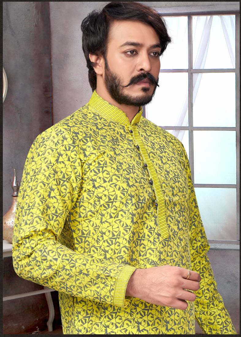 Yellow color pure silk Printed with Self Design kurta with payjama