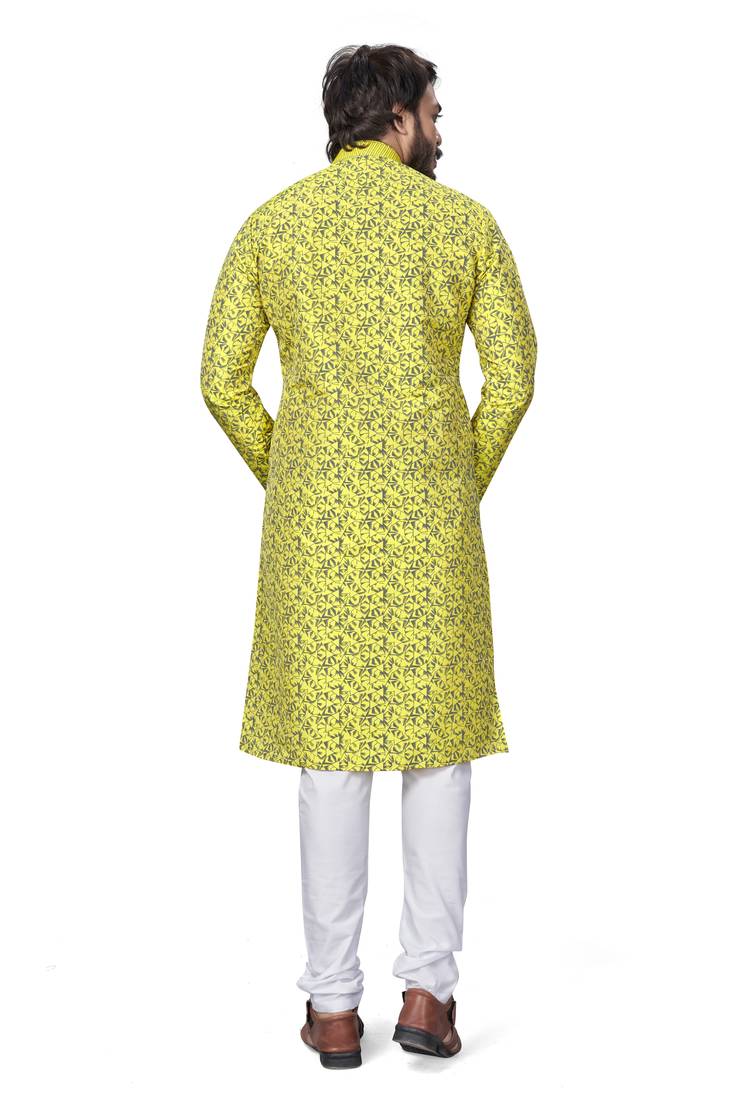 Yellow color pure silk Printed with Self Design kurta with payjama