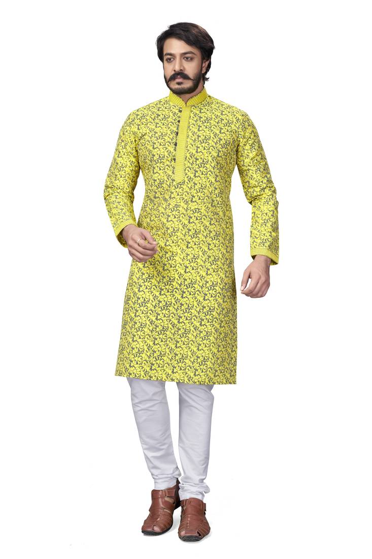 Yellow color pure silk Printed with Self Design kurta with payjama