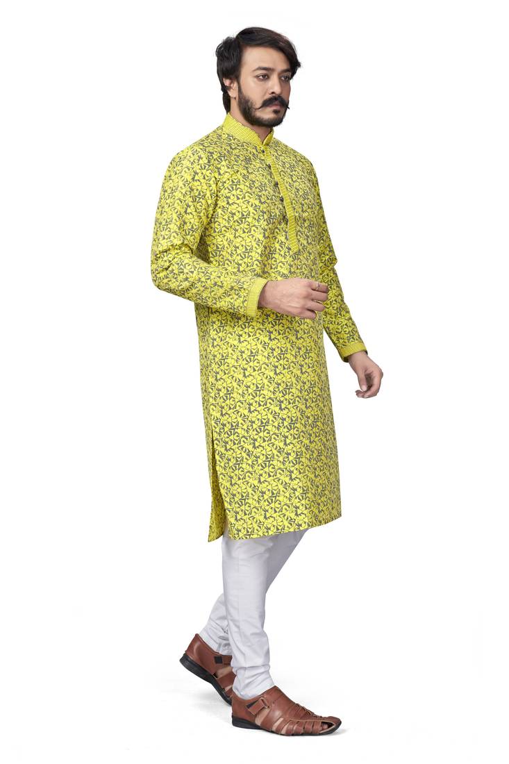 Yellow color pure silk Printed with Self Design kurta with payjama