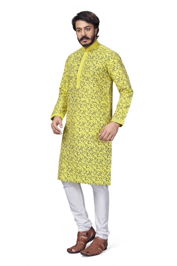 Yellow color pure silk Printed with Self Design kurta with payjama