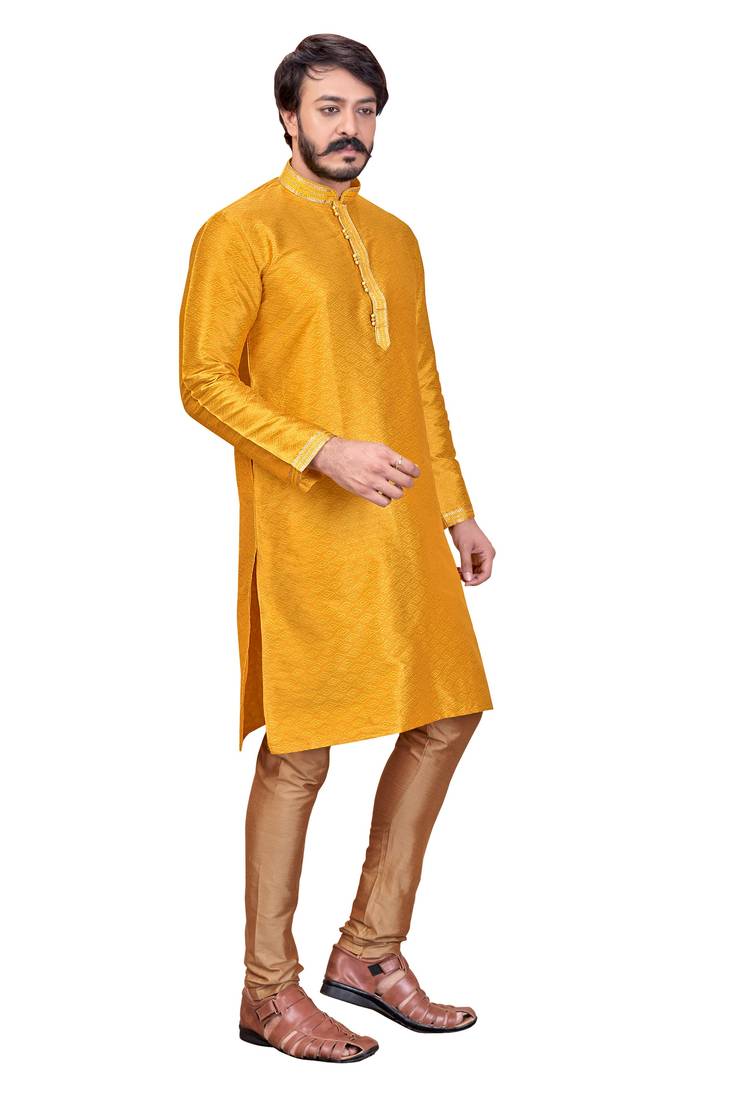 Musterd color Self Design jacquard cotton kurta with payjama