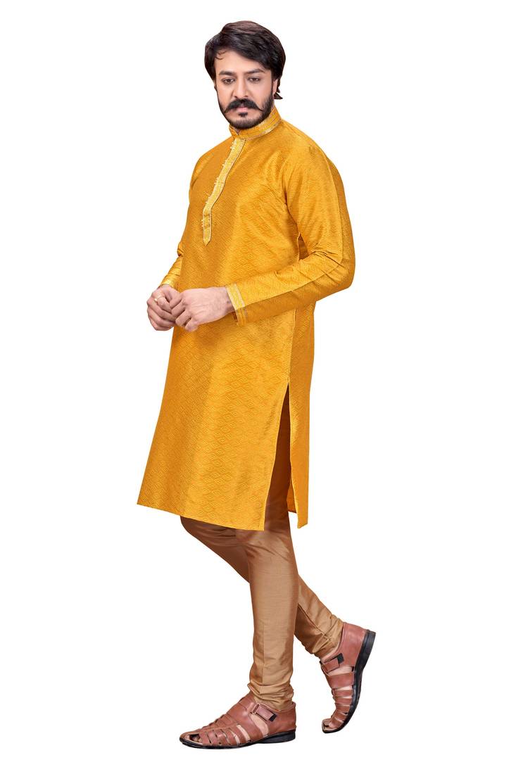 Musterd color Self Design jacquard cotton kurta with payjama