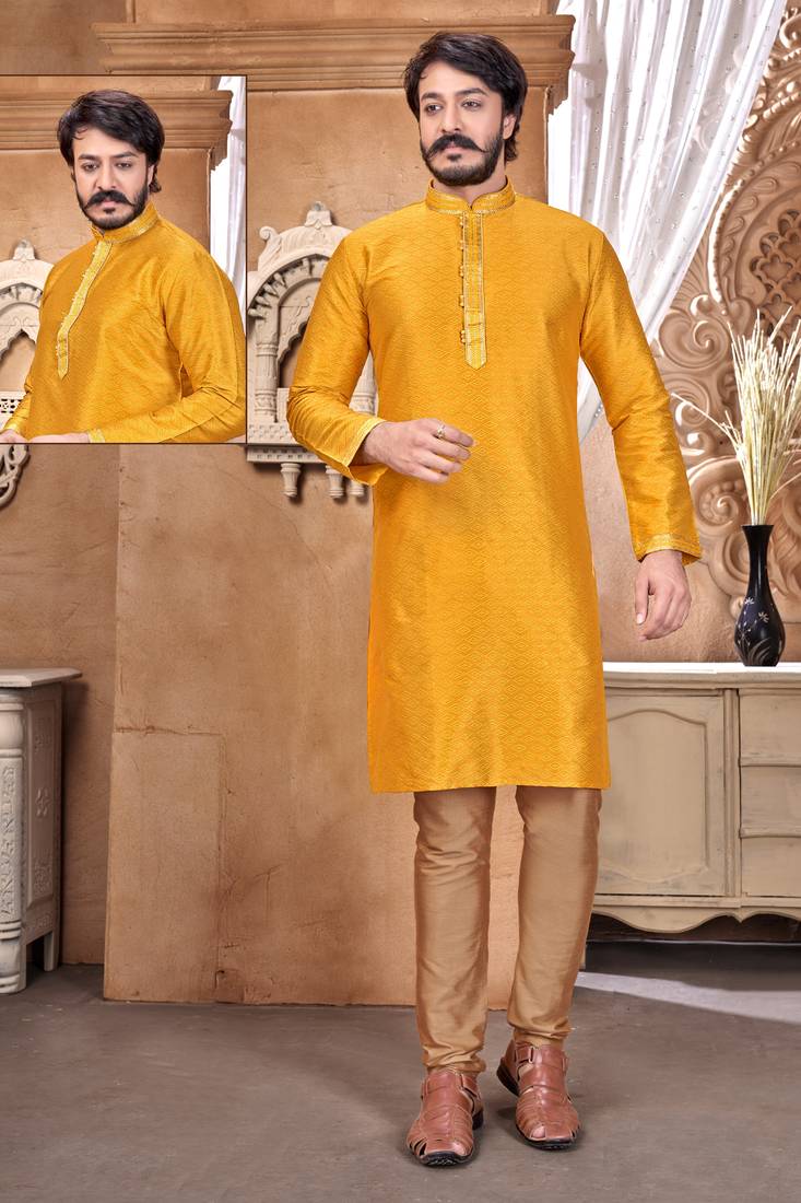 Musterd color Self Design jacquard cotton kurta with payjama