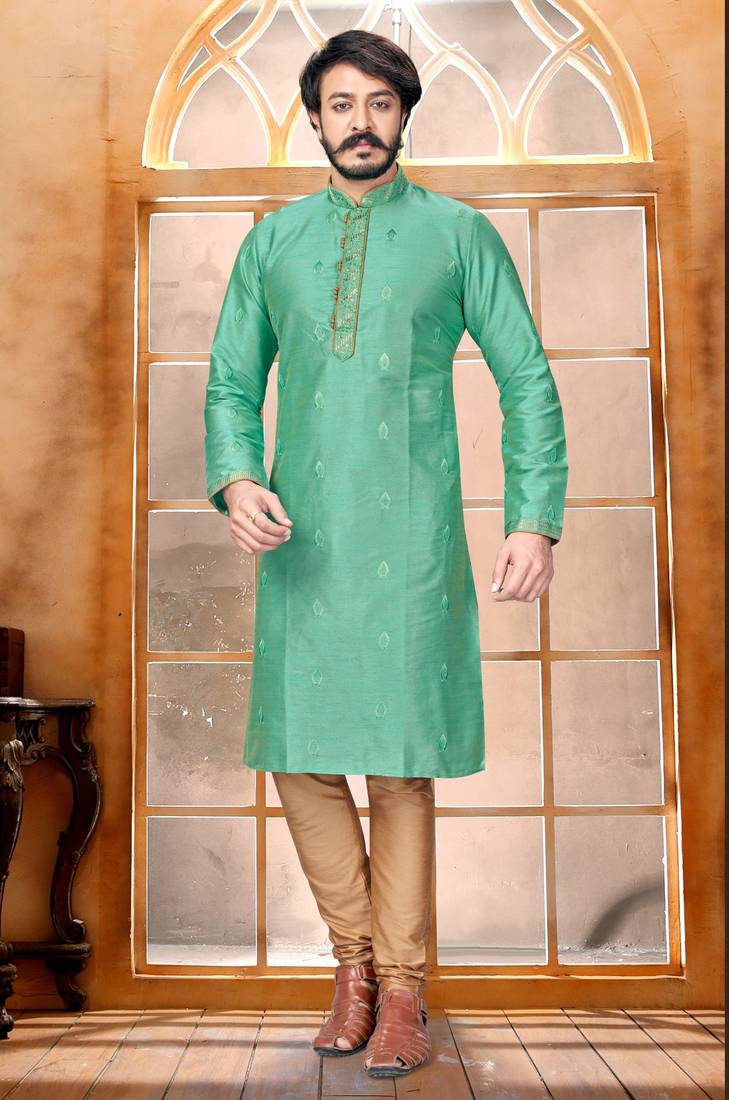 Light Green color Self Design jacquard cotton kurta with payjama
