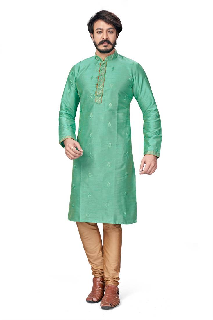 Light Green color Self Design jacquard cotton kurta with payjama