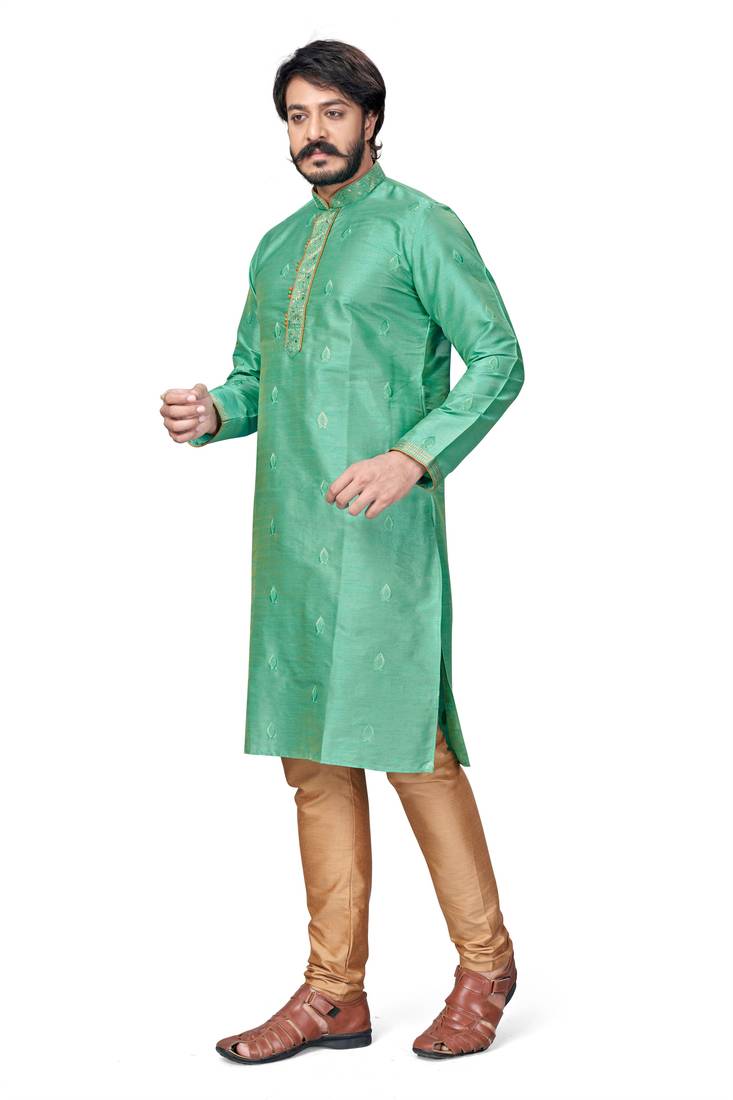 Light Green color Self Design jacquard cotton kurta with payjama