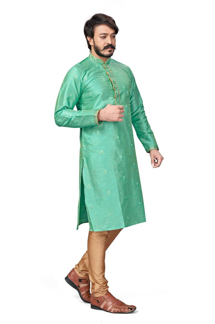 Light Green color Self Design jacquard cotton kurta with payjama