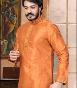 Orange color Self Design jacquard cotton kurta with payjama