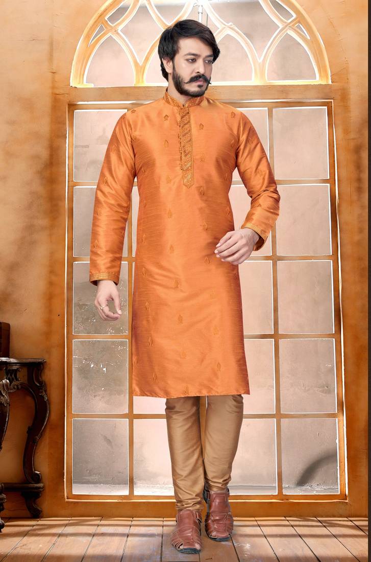 Orange color Self Design jacquard cotton kurta with payjama
