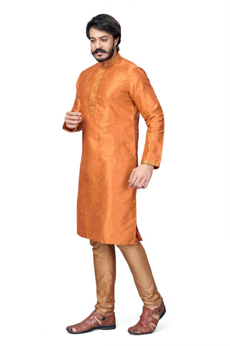 Orange color Self Design jacquard cotton kurta with payjama