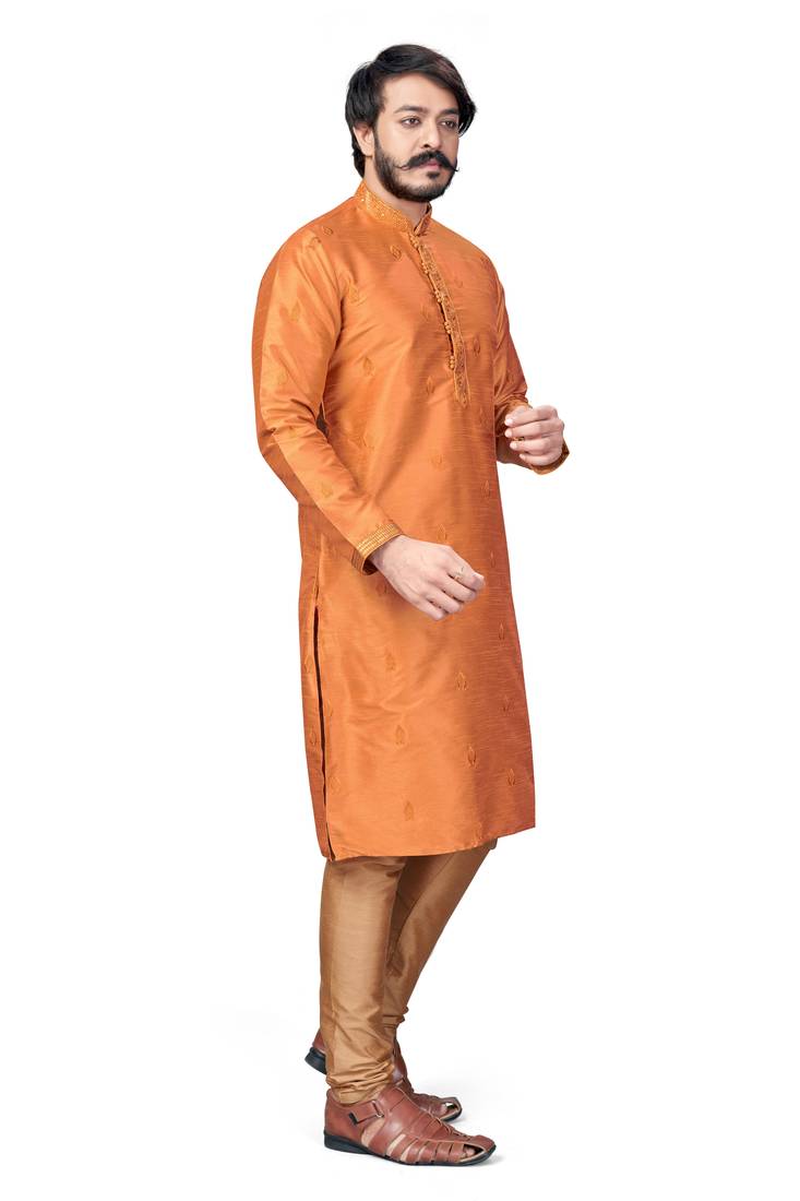Orange color Self Design jacquard cotton kurta with payjama