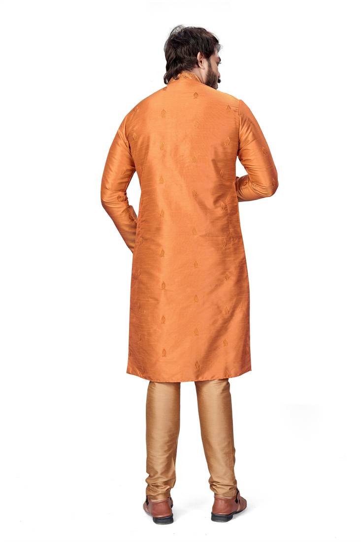 Orange color Self Design jacquard cotton kurta with payjama