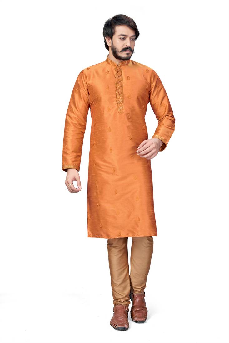 Orange color Self Design jacquard cotton kurta with payjama