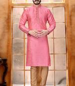 Pink color Self Design jacquard cotton kurta with payjama
