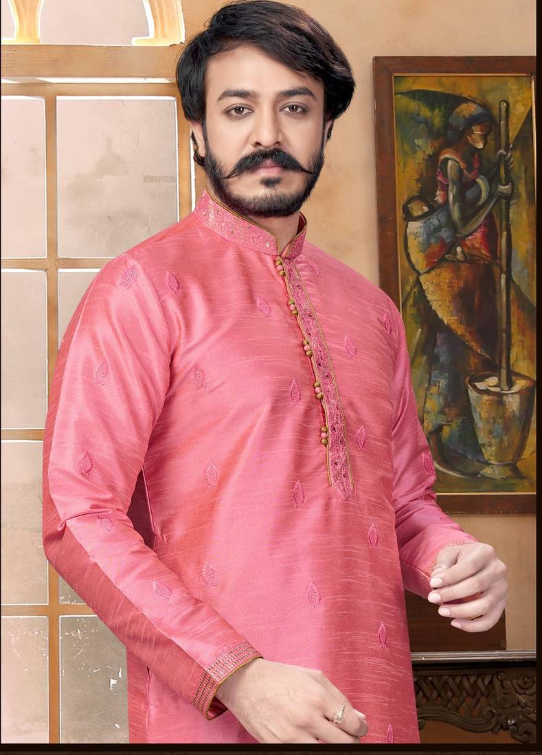 Pink color Self Design jacquard cotton kurta with payjama
