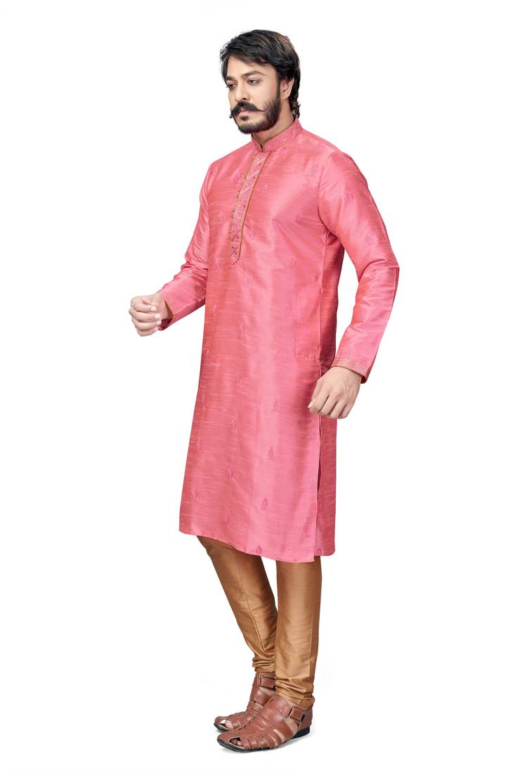 Pink color Self Design jacquard cotton kurta with payjama