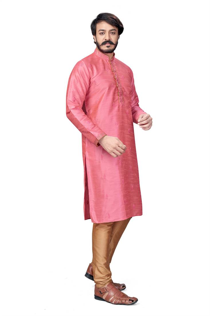 Pink color Self Design jacquard cotton kurta with payjama