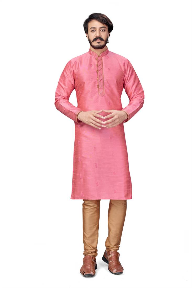 Pink color Self Design jacquard cotton kurta with payjama