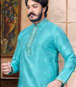 Sky Blue color Self Design jacquard cotton kurta with payjama