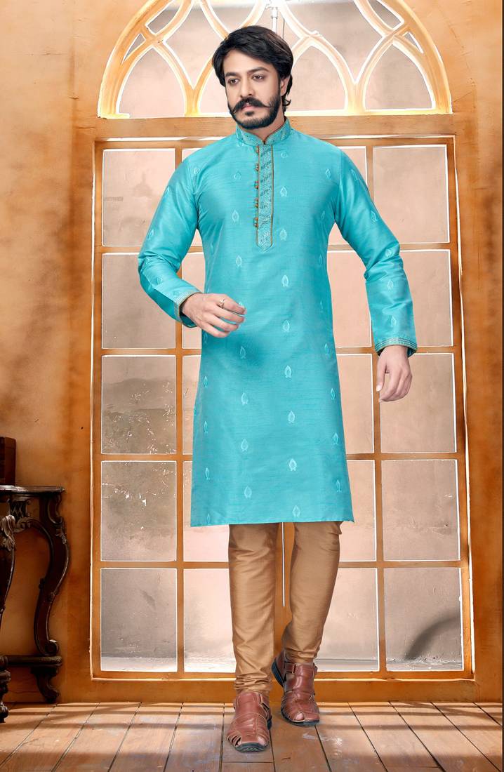 Sky Blue color Self Design jacquard cotton kurta with payjama